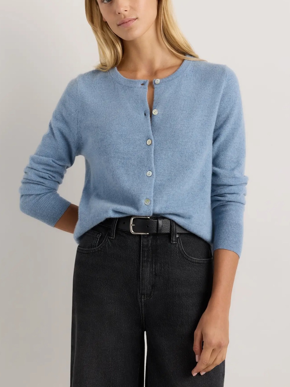 Quince Mongolian Cashmere Cardigan in Faded Denim Light Blue Crewneck Buttons, L